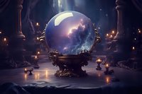 Mystical crystal ball with glowing storm clouds inside ornate bronze stand, surrounded by burning candles in dark gothic interior. Magical fortune telling scene.