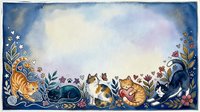 Watercolor cats and flowers border frame with copy space, cozy feline illustration in blue tones for greeting cards, posters, and prints.