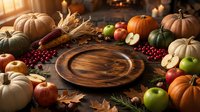 Wooden serving board surrounded by autumn harvest vegetables, pumpkins, apples, and fall foliage on rustic table. Seasonal arrangement for Thanksgiving and harvest celebrations.