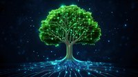 Glowing digital tree with circuit pattern branches against starry background, representing technology and nature connection. Root system spreads in network lines.