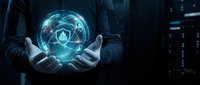 Businessman holding glowing digital globe with network connections and data icons, representing global technology, connectivity, and digital transformation in modern business environment.