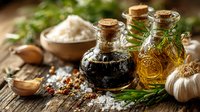 Glass bottles with balsamic vinegar and olive oil, fresh herbs, garlic, and sea salt on rustic wooden table for gourmet cooking and culinary preparations.