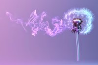 Glowing dandelion with ethereal smoke trails against purple background, magical nature concept with luminous wisps and seeds floating in dreamy atmosphere.