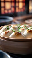 Steamed Asian buns garnished with sesame seeds and green onions in bamboo steamer basket, close-up view with soft atmospheric lighting and selective focus.