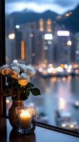 White roses and glowing candle on windowsill against blurred cityscape background with bokeh lights reflecting on water surface, creating romantic evening atmosphere.