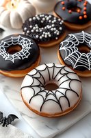Halloween donuts decorated with black and white spider web designs and sprinkles on marble surface, festive seasonal treats for autumn celebration.