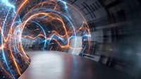 Glowing orange and blue digital waves flow through modern corridor with reflective floor, representing data transmission, technology innovation, and futuristic connectivity concepts.