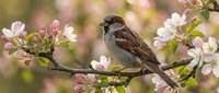 Small sparrow perched on blooming apple tree branch with pink and white flowers in spring garden setting with soft bokeh background.