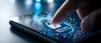 Finger touching smartphone screen with glowing 5G network connection and digital particles representing high-speed mobile internet technology and connectivity.