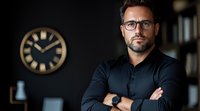 Confident businessman wearing glasses and smartwatch stands with arms crossed in modern office, vintage clock on dark wall creates professional atmosphere.