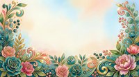Ornamental floral border frame with roses, peonies, and decorative swirls on soft watercolor background. Isolated design element suitable for invitations, greeting cards, and wedding stationery projects.