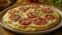 Homemade thin crust pizza with fresh mozzarella, sliced tomatoes and herbs on ceramic plate, close up view showing melted cheese and crispy edges.