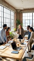 Diverse team of five professionals gathered around wooden table in modern loft office with exposed brick walls, large windows, laptops and notebooks during business meeting or brainstorming session.