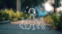 Young girl doodle character walking among flowers with musical notes, hand drawn style overlay on blurred bokeh background with garden path.
