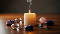 Burning candle with smoke surrounded by colorful healing crystals and gemstones on wooden surface for meditation and spiritual wellness practices.