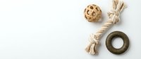 Dog toys collection with rope, ball and ring on white background for pet care and training activities.