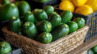 Fresh green round zucchini squash in woven basket at farmers market with yellow lemons in background, organic local produce display for healthy eating.