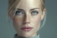 Split face portrait showing young Caucasian woman with freckles on left side and smooth clear skin on right side for skincare treatment comparison.