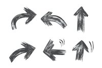Hand drawn black arrows in rough sketch style on white background, grunge directional symbols with dynamic brush strokes for graphic design and presentations.