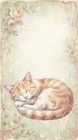 Sleeping ginger and white cat surrounded by vintage roses on aged, distressed background with floral corner accents. Suitable for greeting cards, wall art, and home decor.