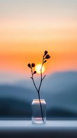Silhouette of delicate plant stem in glass jar against vibrant sunset sky and mountain landscape, creating minimalist composition with warm orange glow.