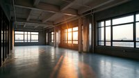 Empty industrial loft space with polished concrete floors, wooden beams, and large windows flooding the interior with warm golden sunlight during sunset hour.