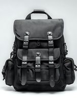Black and gray leather backpack with multiple compartments, buckle straps, and side pockets isolated on white background for product design use.