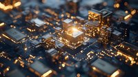 Glowing microchip circuit board with orange light effects, close up view of electronic components and processors on modern motherboard. Technology concept.