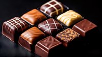 Luxury chocolate bonbons with geometric patterns and various fillings arranged on dark background, gourmet confectionery close up shot with soft lighting.