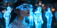 Young Asian woman wearing futuristic virtual reality glasses with glowing blue holographic figures in background, representing digital transformation and metaverse concept.