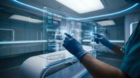Surgeon using advanced holographic medical interface technology in modern operating room for precision healthcare procedures.