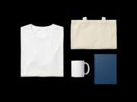 Folded white t-shirt, tote bag, mug, and notebook mockup set isolated on transparent background, ready for branding, print on demand, and merchandise design.