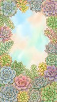 Watercolor succulent frame with colorful plants creating decorative border on soft pastel background for botanical designs and natural themed projects.