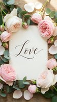 Romantic flat lay with pink roses, eucalyptus, and a calligraphy Love card on rustic wood, for wedding or Valentine's Day design.