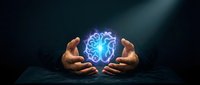 Hands protecting glowing blue brain with neural networks on dark background. Concept of mind protection, mental health care, artificial intelligence and innovation.