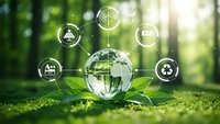 Green technology concept with glass globe and eco icons on moss in forest representing sustainable development and environmental innovation.