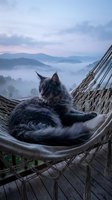 Tabby cat relaxing in wicker hammock overlooking misty mountain landscape at dawn with layered hills and soft morning light creating peaceful outdoor scene.