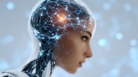 Futuristic female profile with glowing neural network pattern overlaid on head, representing artificial intelligence and machine learning technology on light background.