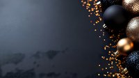 Elegant black, gold, and navy Christmas ornaments with glittering sequins on dark background, creating luxurious holiday composition with copy space.