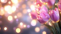 Pink tulips against soft golden bokeh background create dreamy spring atmosphere with delicate petals and glowing light effects, suitable for romantic designs and floral layouts.