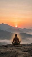 Man meditating in lotus position on mountain cliff at sunrise with misty valleys and golden sky for wellness and mindfulness concepts.