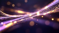Glowing purple and gold light waves with sparkling particles and bokeh effects create magical atmosphere on dark background. Abstract motion design element.