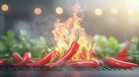 Hot red chili peppers on grill with dramatic flames and smoke effect against blurred bokeh background, fresh herbs adding natural garnish element.
