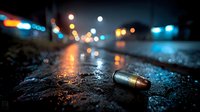 Crime scene investigation with bullet casing on wet asphalt street at night. Police lights create dramatic bokeh background for forensic evidence documentation.