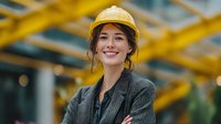 Young female construction engineer with hard hat smiling confidently at industrial site with yellow steel framework background for workplace safety concepts.