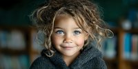 Young child with messy blonde curls and striking blue eyes wearing a gray knit sweater, smiling warmly against a soft-focus bookshelf background.
