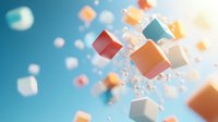 Colorful floating cubes and particles scattered in blue sky with soft sunlight, dynamic composition showing motion and depth for modern design backgrounds.