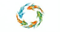 Colorful koi fish swimming in circular pattern on white background, Asian-inspired aquatic design for logos, meditation and wellness branding projects.