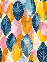 Colorful autumn leaves pattern in navy blue, pink, and orange watercolor style creates seamless nature background for fabric, wallpaper and surface design.