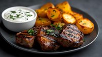 Juicy grilled pork medallions with roasted golden potatoes and creamy herb sauce served on dark plate. Fresh parsley garnish adds vibrant color to meat dish.